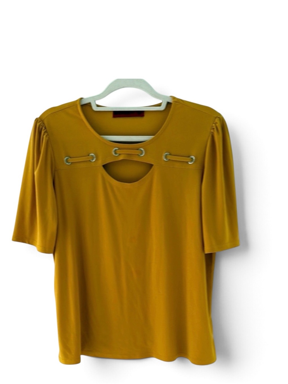 Love Scarlett Mustard Yellow Blouse with Cut-Out Neckline and 3/4 Sleeves Size L